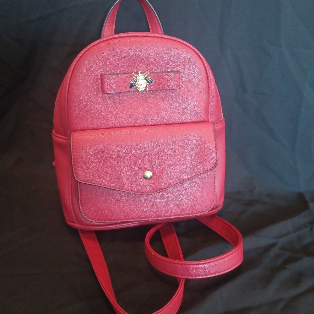 Red Leather Backpack with Bumble Bee Accent
